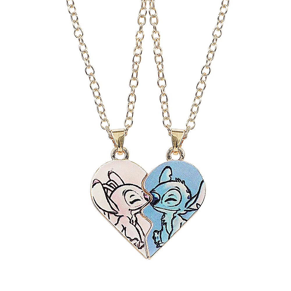 Disney-Stitch Heart Necklace for Couple, Gold and Silver Color, Angel and Stitch, Cute Style , Jewelry Pendant, Gift for Girl, 1