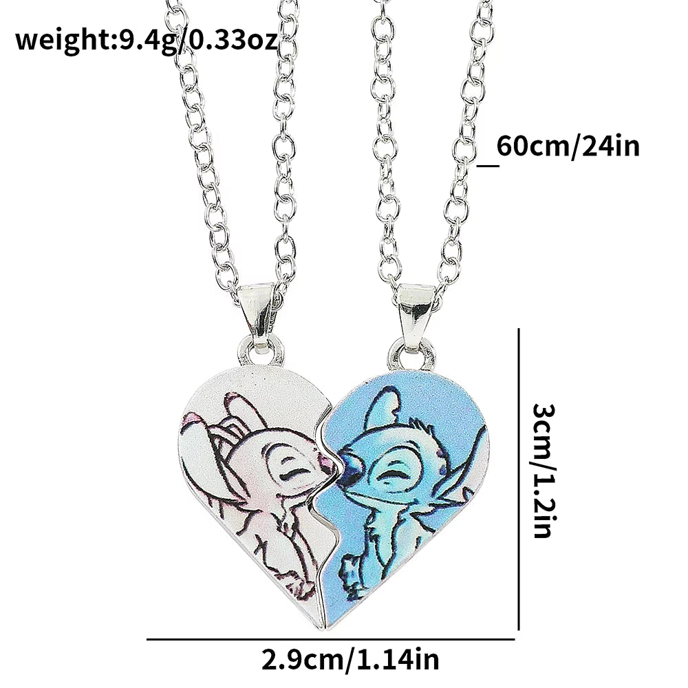 Disney-Stitch Heart Necklace for Couple, Gold and Silver Color, Angel and Stitch, Cute Style , Jewelry Pendant, Gift for Girl, 1