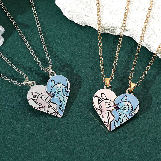 Disney-Stitch Heart Necklace for Couple, Gold and Silver Color, Angel and Stitch, Cute Style , Jewelry Pendant, Gift for Girl, 1